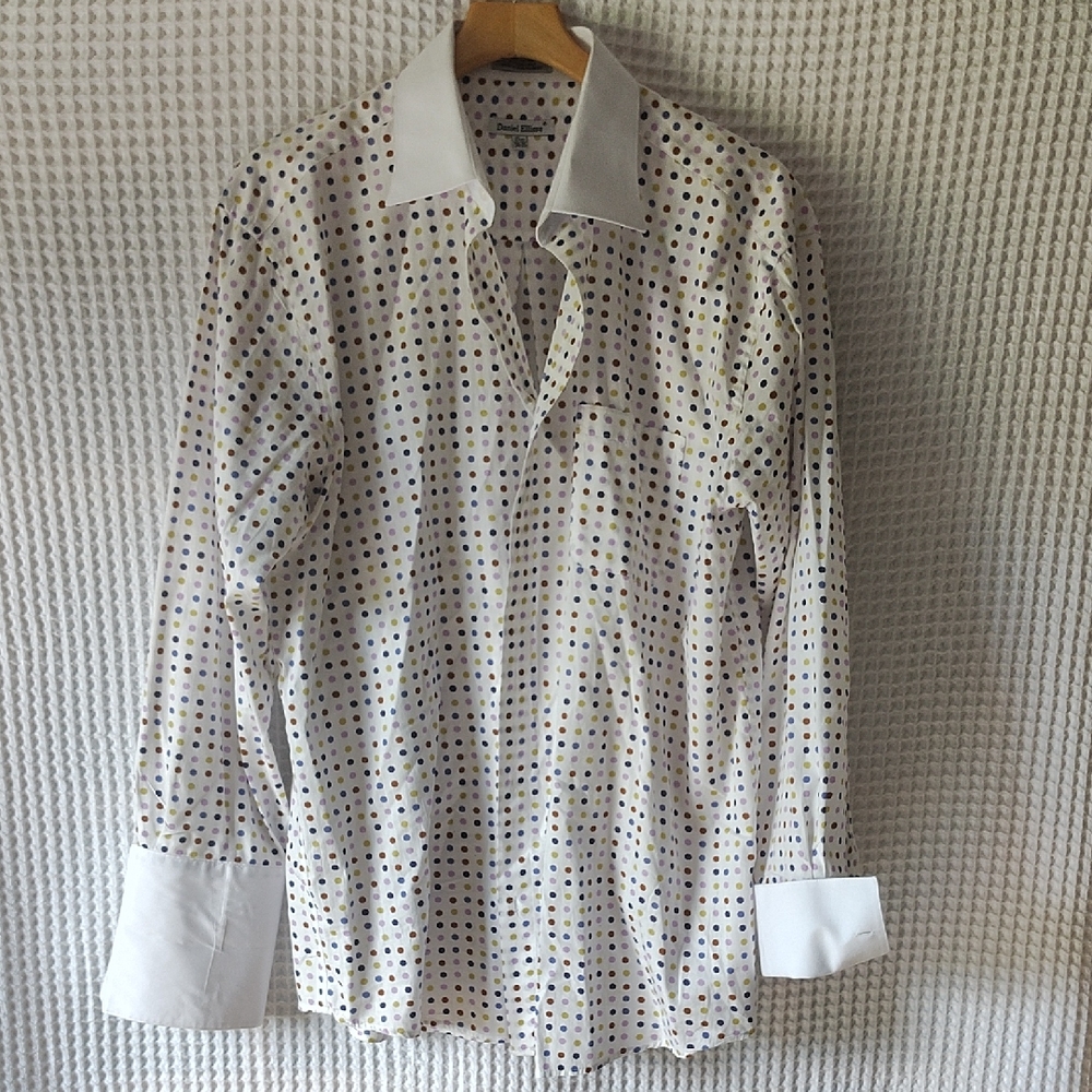 Daniel Elissa Men's White Polka Dot French Cuffed Dress Shirt 17.5/34-35